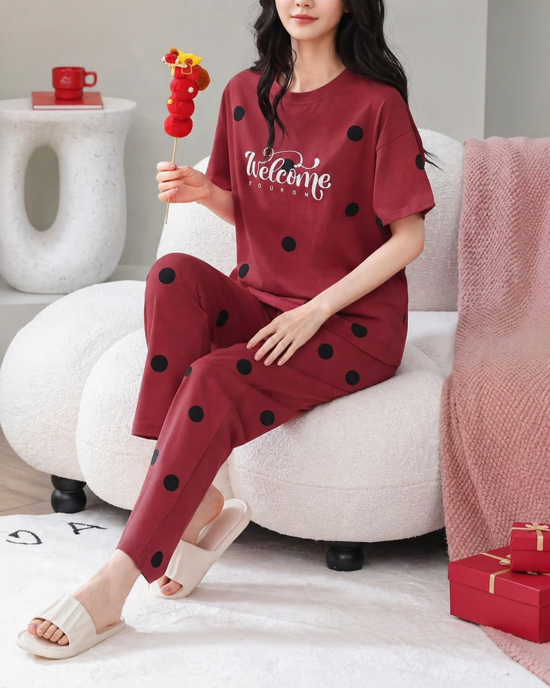 Red Welcome with Black Polka Dot Half Sleeves Printed PJ Set For Her