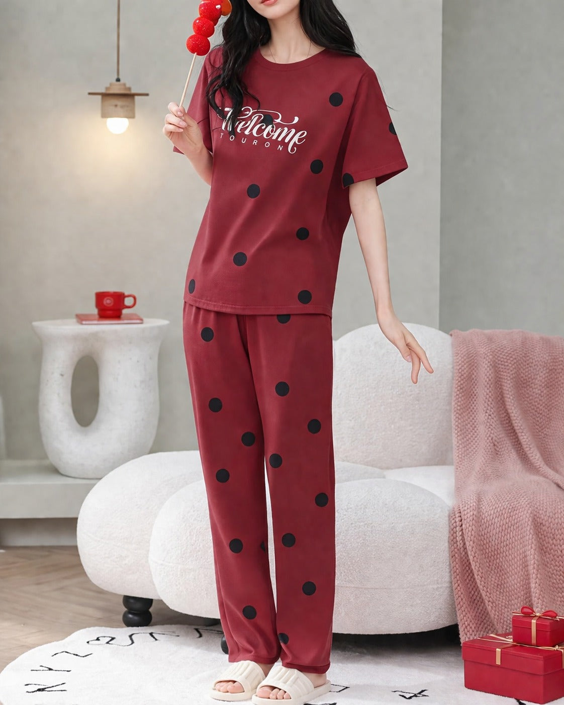 Red Welcome with Black Polka Dot Half Sleeves Printed PJ Set For Her