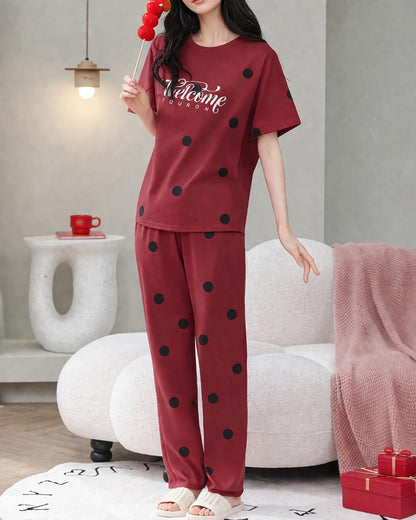 Red Welcome with Black Polka Dot Half Sleeves Printed PJ Set For Her