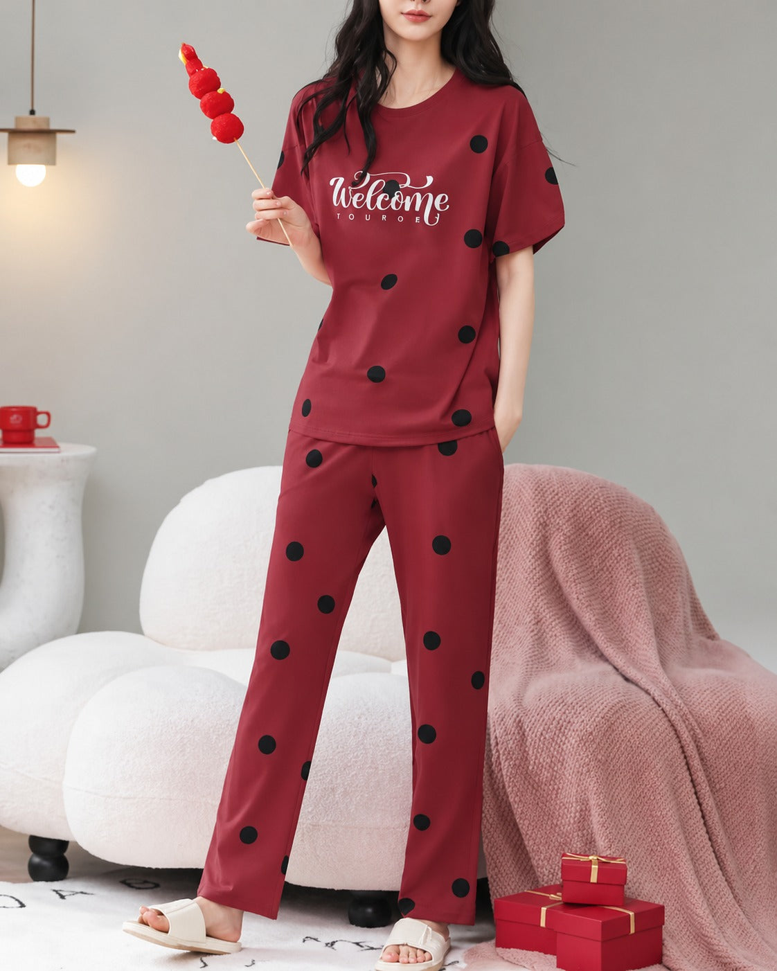 Red Welcome with Black Polka Dot Half Sleeves Printed PJ Set For Her