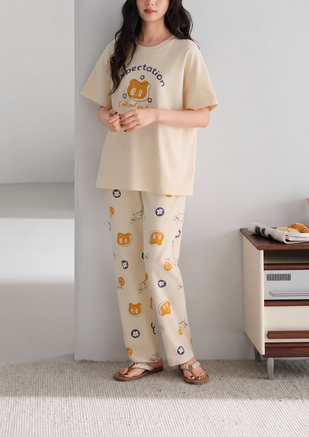 Off White Expectation Half Sleeves Printed PJ Set For Her