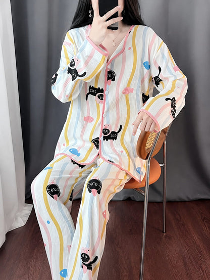 Off White Multi Fish with Kitty Printed Pipin Button PJ Set For Her