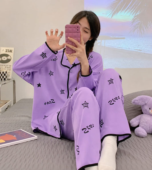 Lilac Multi Stars Printed Pipin Button PJ Set For Her