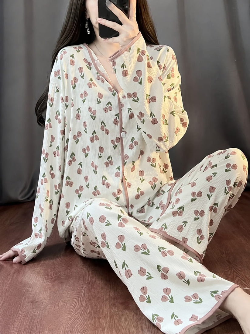 Off White All Over Flowers Printed Pipin Button PJ Set For Her