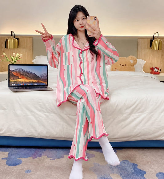 Off White Multi Colors Lining Stars Printed Pipin Button PJ Set For Her