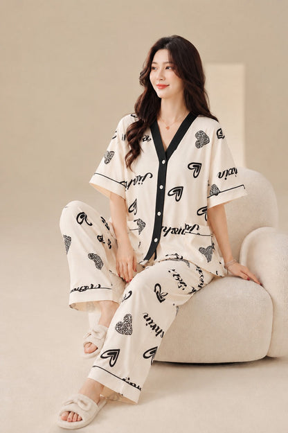 Off White with Black Hearts Printed Half Sleeves V-Neck Button Printed PJ Set For Her