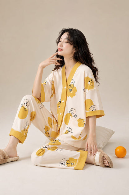 Off White with Yellow Bear Printed Half Sleeves V-Neck Button Printed PJ Set For Her