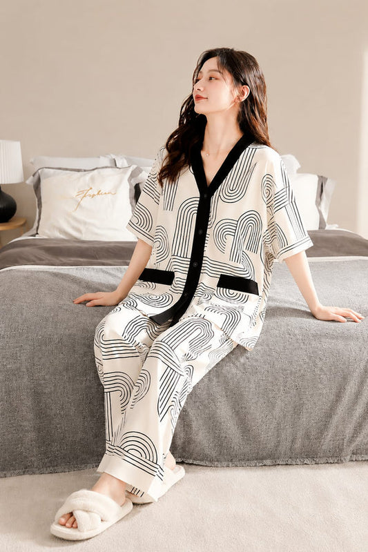 Off White with Black Lining Printed Half Sleeves V-Neck Button Printed PJ Set For Her