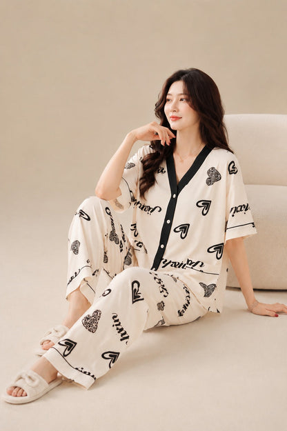 Off White with Black Hearts Printed Half Sleeves V-Neck Button Printed PJ Set For Her