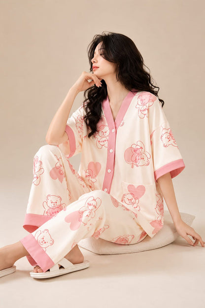 Off White with Pink Bear Printed Half Sleeves V-Neck Button Printed PJ Set For Her