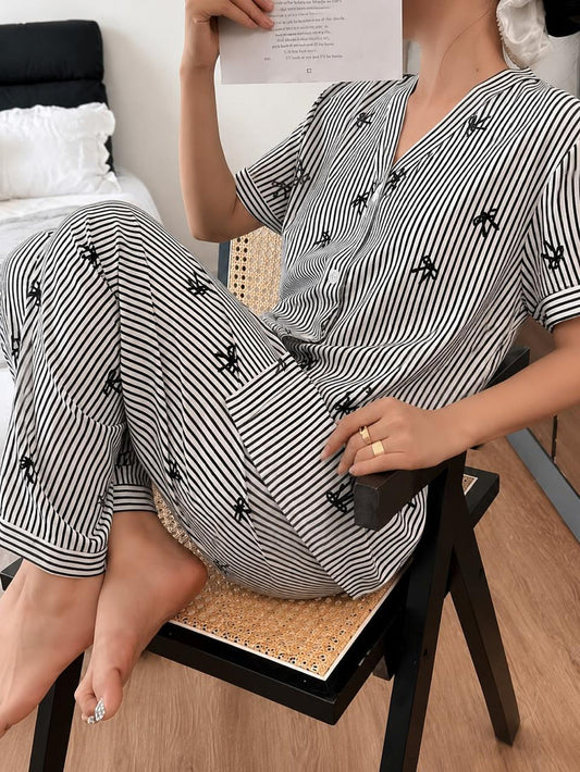 White with Black Lining Bow Printed Half Sleeves V-Neck Button Printed PJ Set For Her