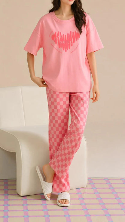Pink with BIG Heart Printed Half Sleeves PJ Set For Her