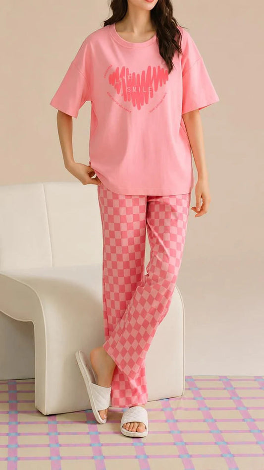 Pink with BIG Heart Printed Half Sleeves PJ Set For Her