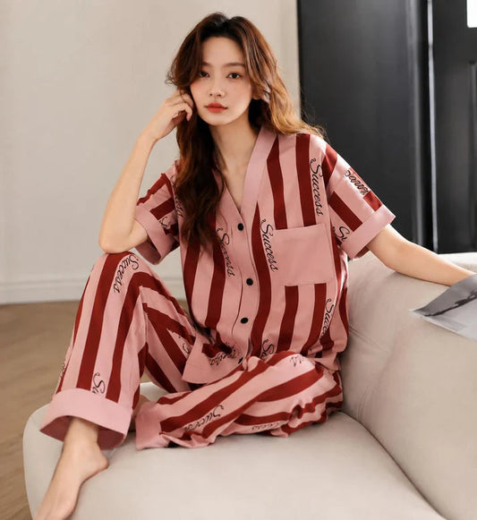 Pink with Maroon Lining Success Printed Half Sleeves V-Neck Button Printed PJ Set For Her