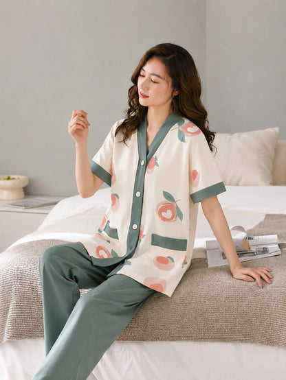 Off White with Apples Printed V-Neck Button PJ Set For Her