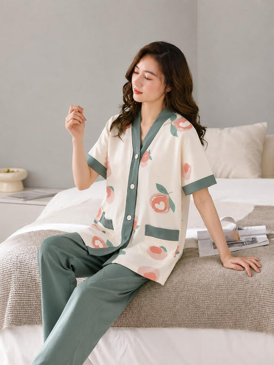 Off White with Apples Printed V-Neck Button PJ Set For Her
