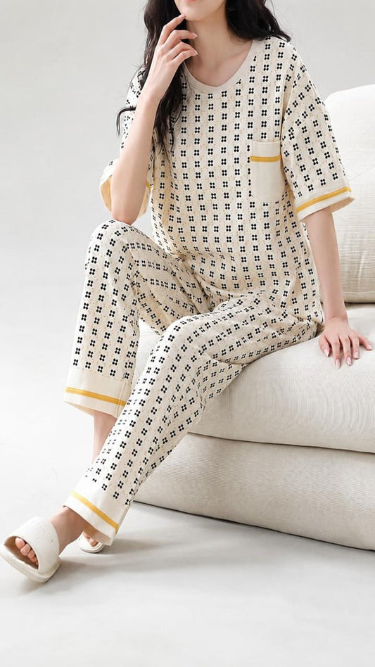 Off White All Over Dotted Printed Half Sleeves PJ Set For Her