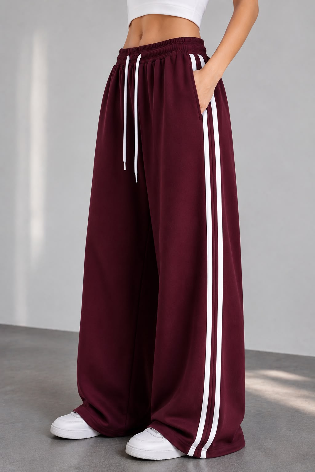 Maroon Wide Leg Side Stripe Baggy Trouser For Her