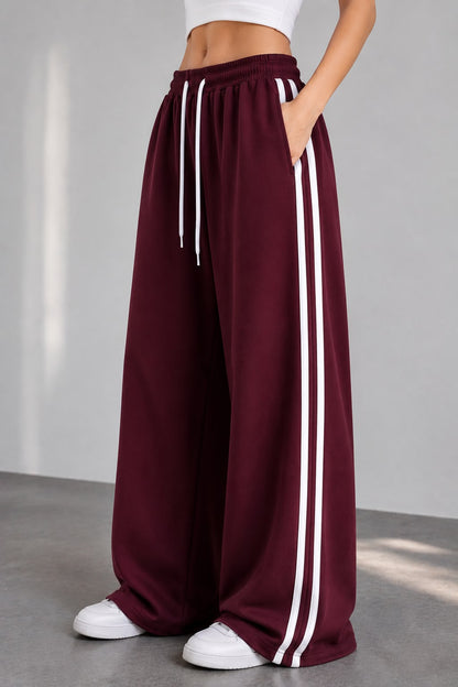 Maroon Wide Leg Side Stripe Baggy Trouser For Her