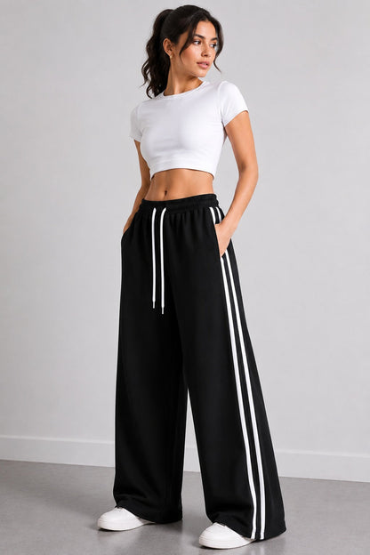 Black Wide Leg Side Stripe Baggy Trouser For Her