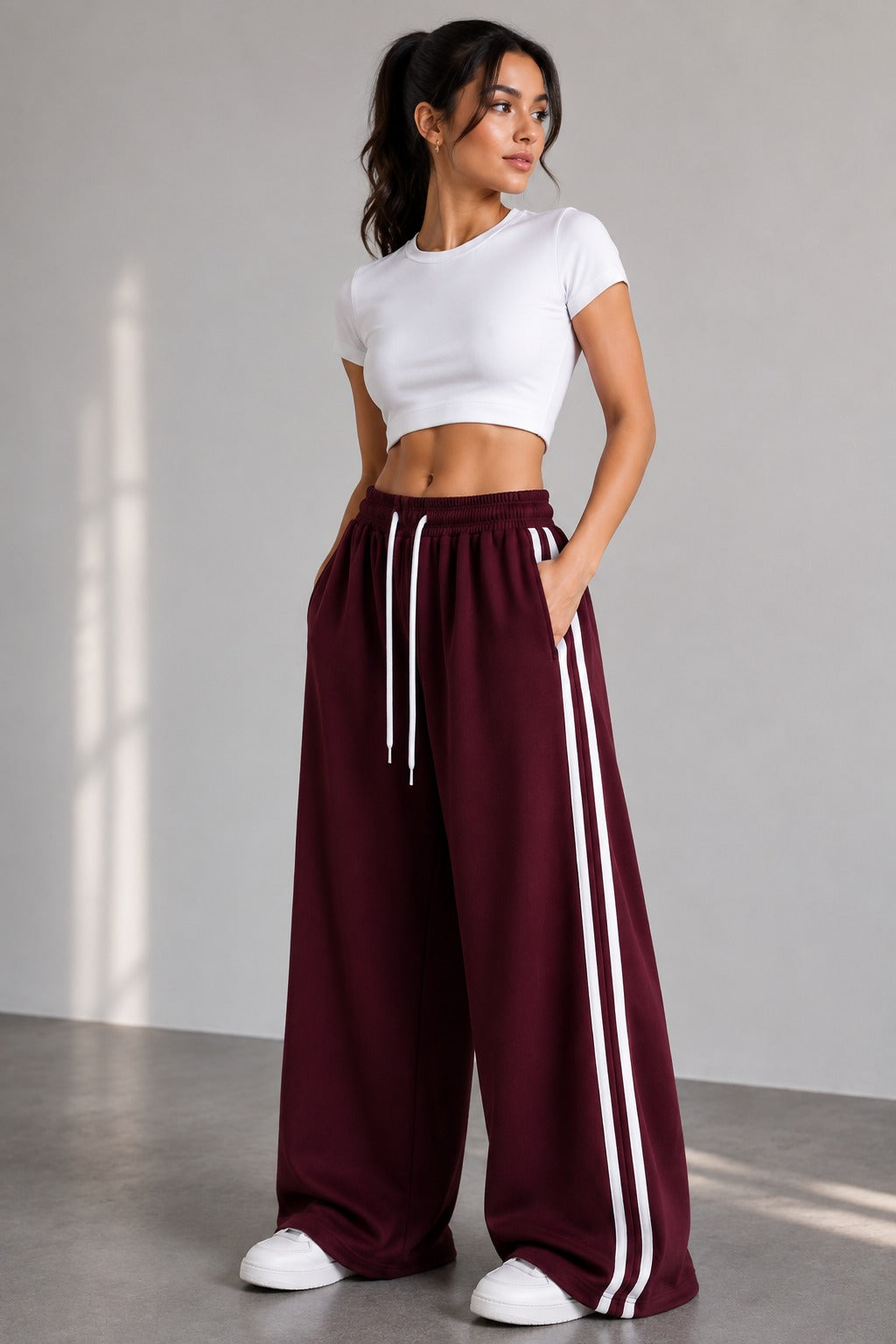 Maroon Wide Leg Side Stripe Baggy Trouser For Her