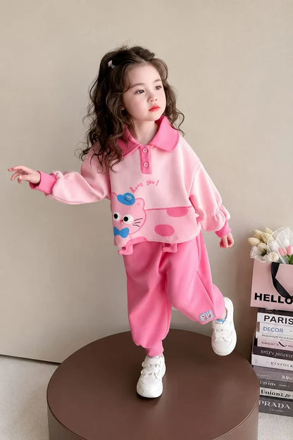 Pink Cute Cat Print Kids Track suit