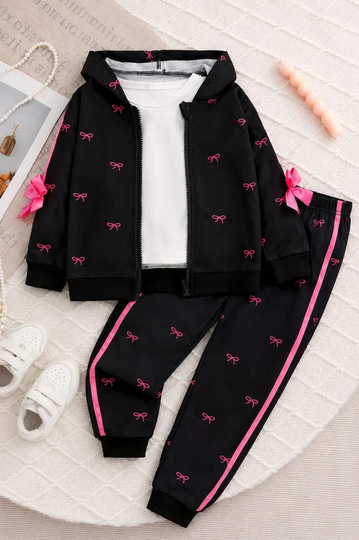 Black Bows Printed Zipper Kids Track Suit