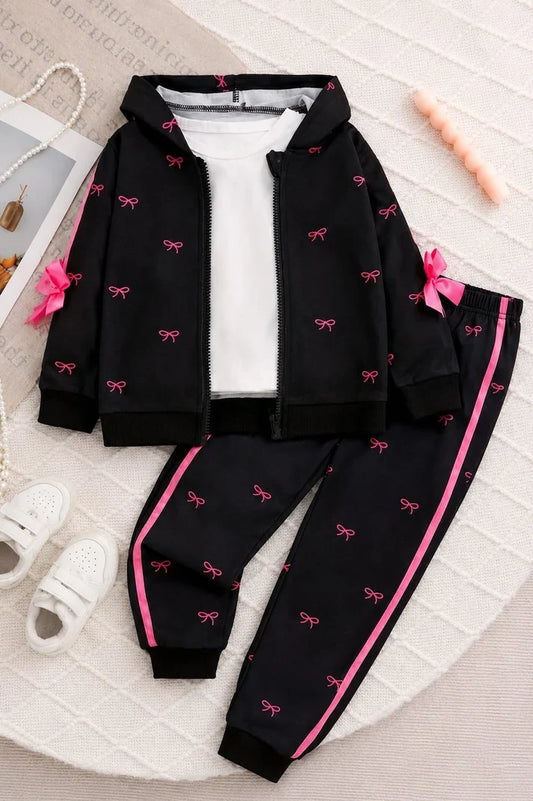 Black with Pink Bows Printed Zipper Kids Track Suit