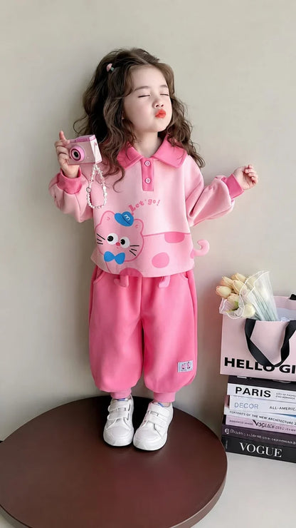 Pink Cute Cat Print Kids Track suit