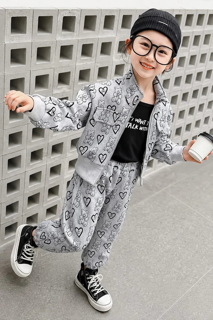 Cute Teddy Print Kids Track Suit