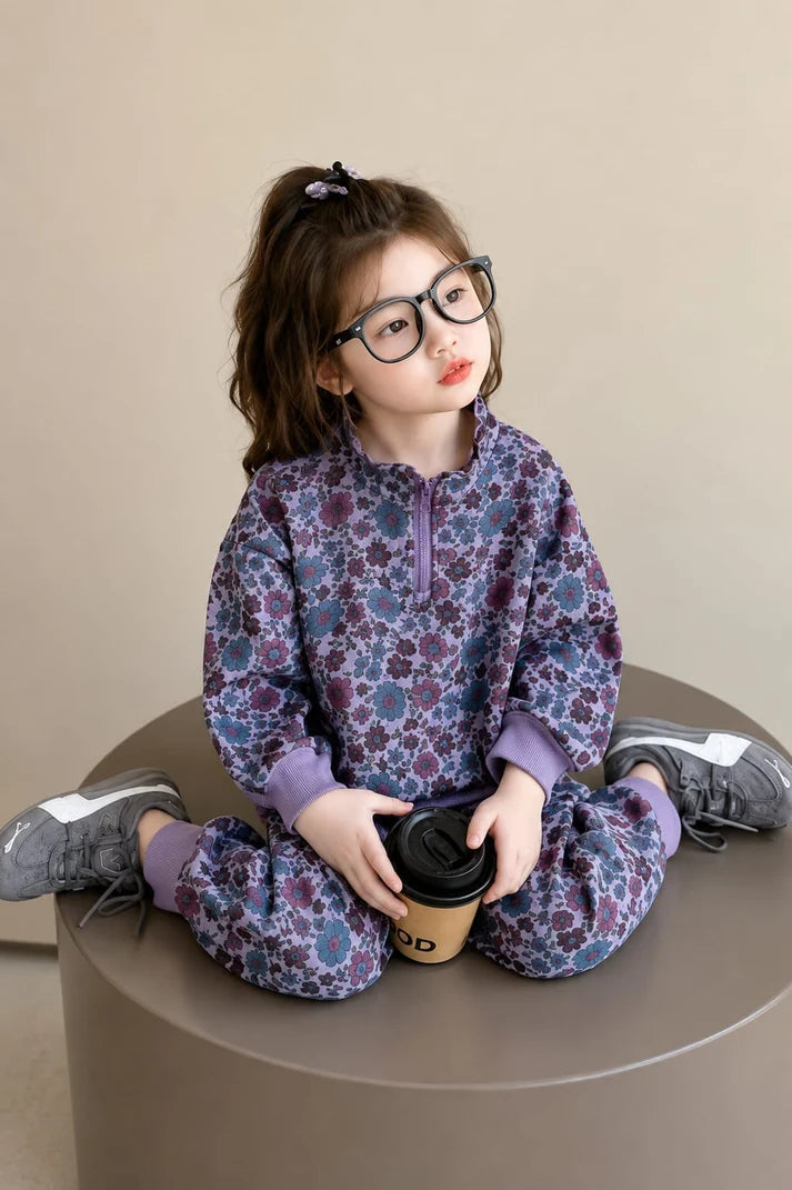 Purple Floral Print Cozy Track suit