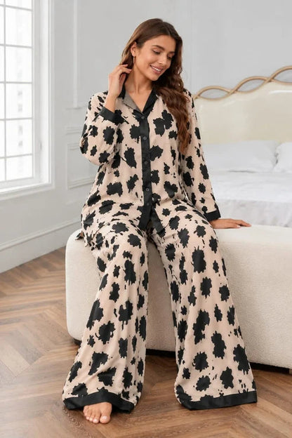 Beige with Cheetah Printed V-Neck Button PJ Set For Her