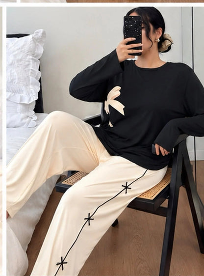 Black & Off White Bow Printed Full Sleeves PJ Set For Her