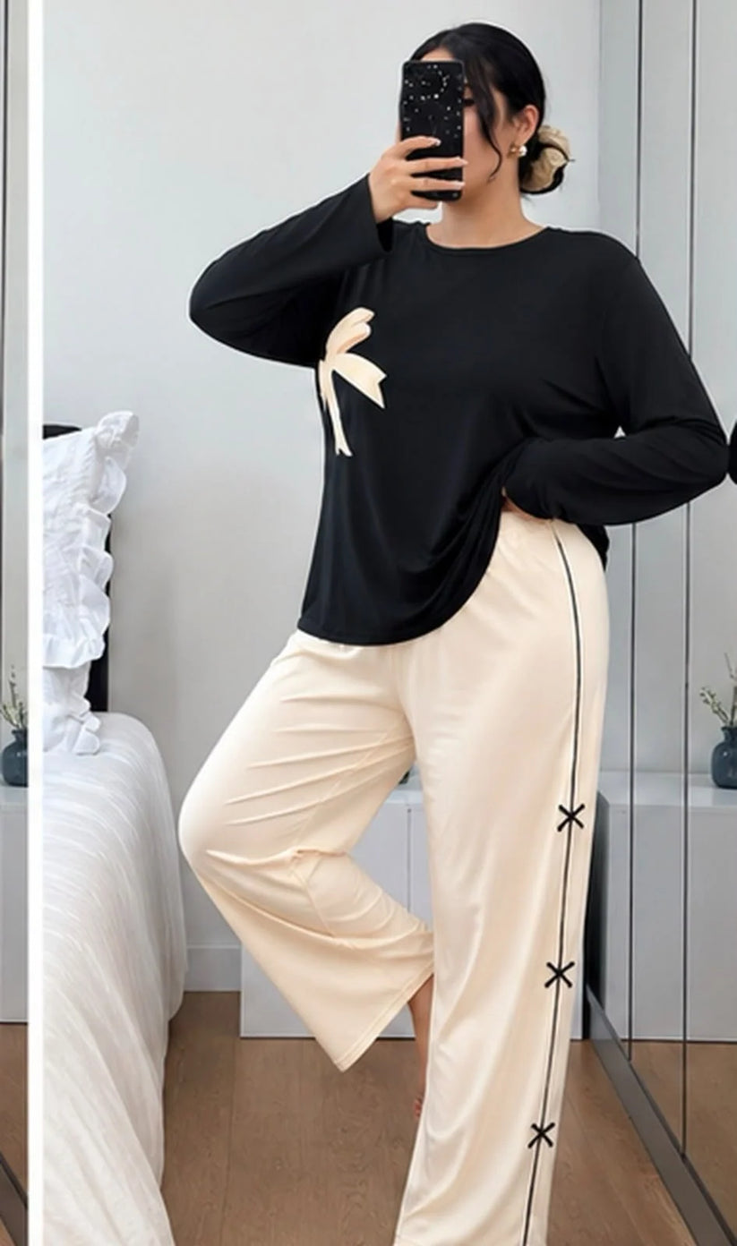 Black & Off White Bow Printed Full Sleeves PJ Set For Her
