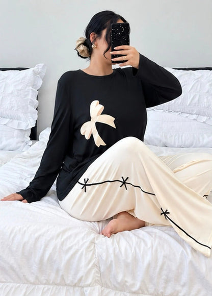 Black & Off White Bow Printed Full Sleeves PJ Set For Her