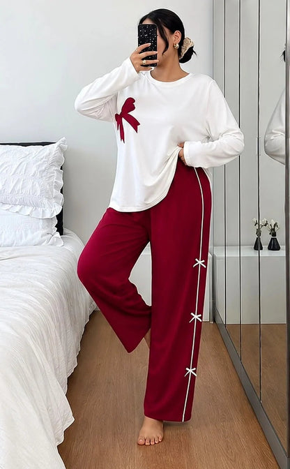 White & Maroon Bow Printed Full Sleeves PJ Set For Her