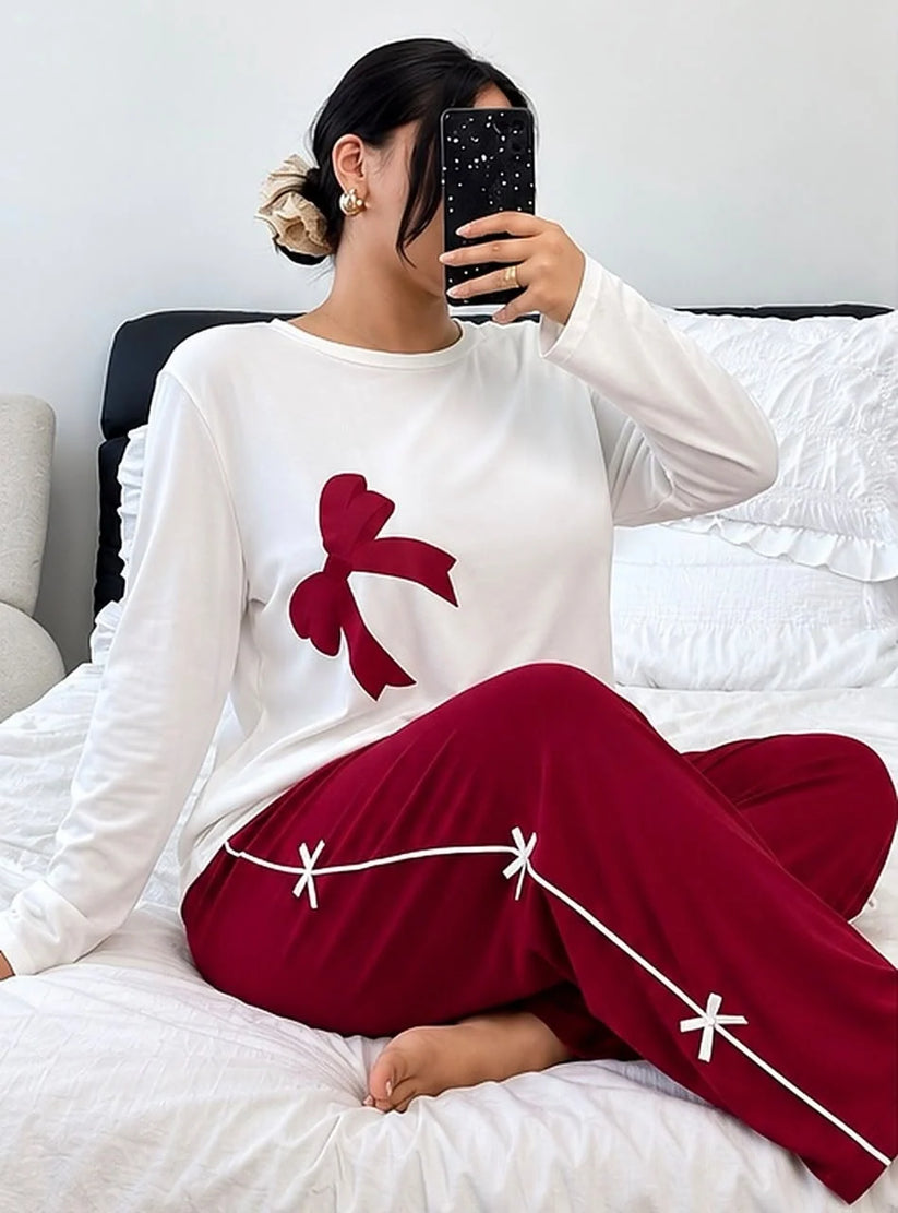 White & Maroon Bow Printed Full Sleeves PJ Set For Her