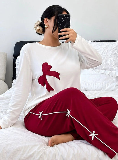 White & Maroon Bow Printed Full Sleeves PJ Set For Her