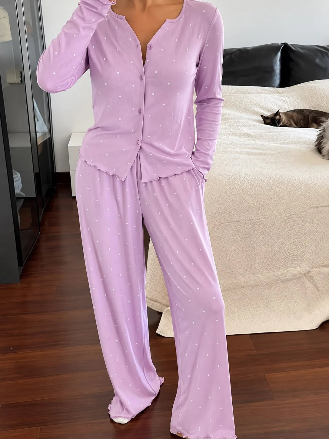 Lilac Polka Dot Button-Up Printed PJ Set For Her