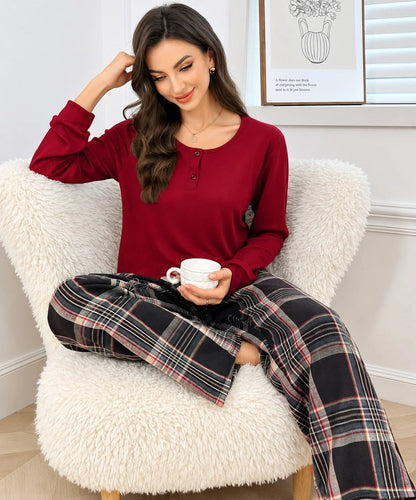 Maroon Henley with Checkered Printed Full Sleeves PJ Set For Her