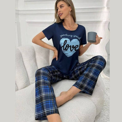 Navy Blue Love Heart with Cheq Printed PJ Set For Her