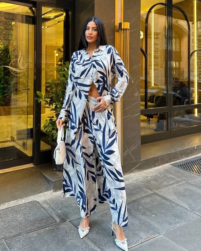 2 Pcs Leaves Printed Co Ord Set