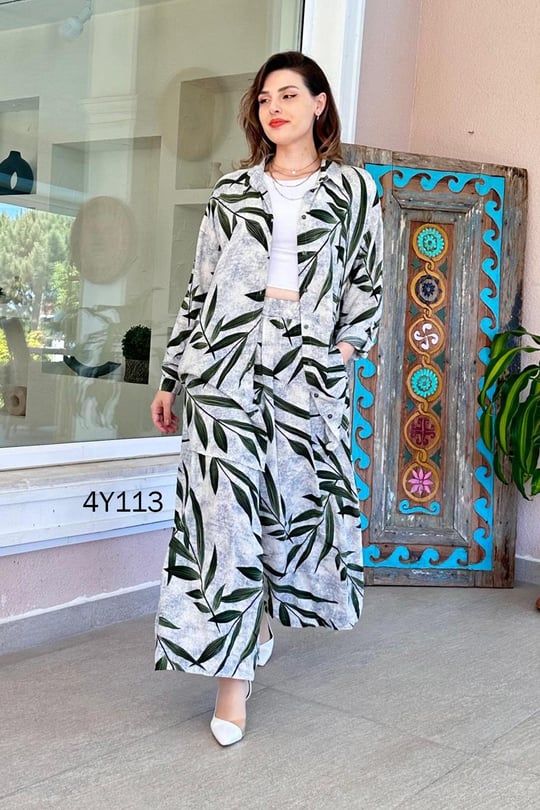 2 Pcs Leaves Printed Co Ord Set