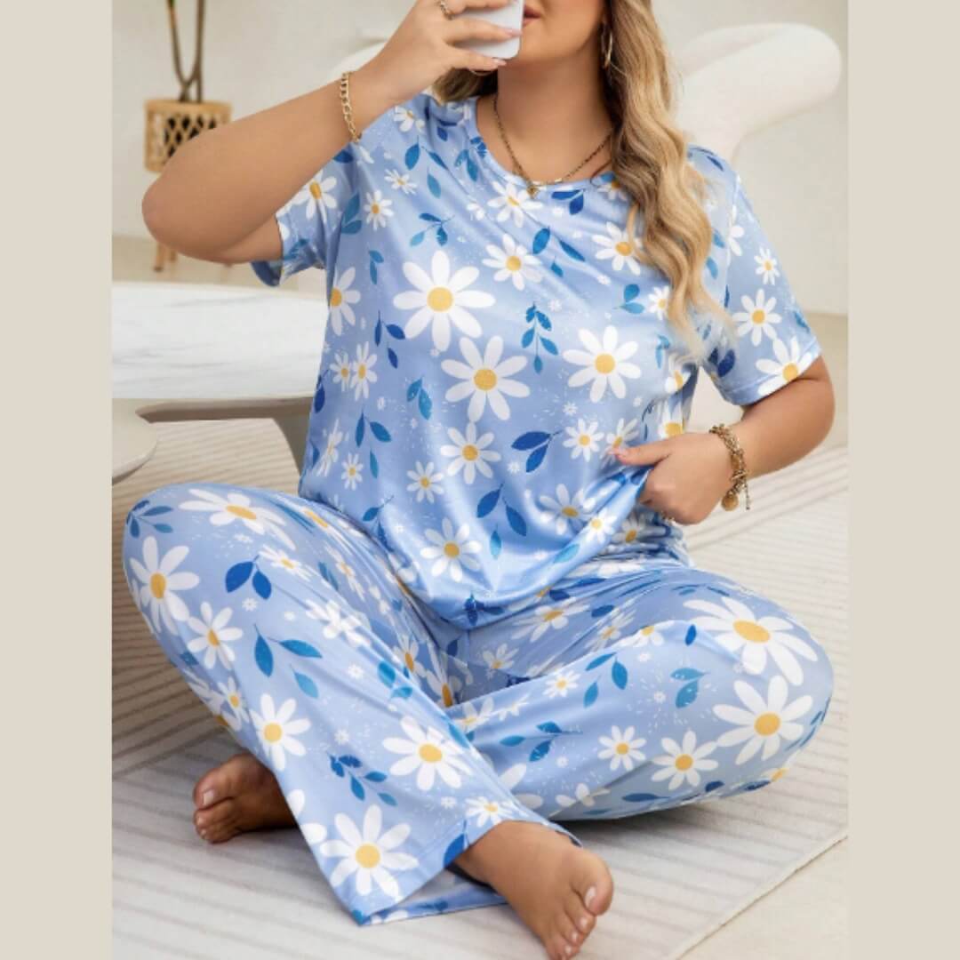 Ice Blue Floral Printed PJ Set For Her