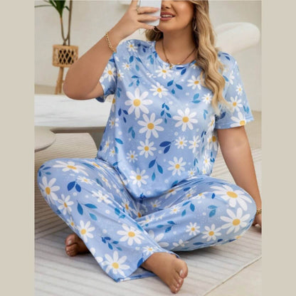 Ice Blue Floral Printed PJ Set For Her