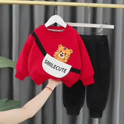 Red Tiger with Smile Cute Printed Sweatshirt with Black Trouser For Kids