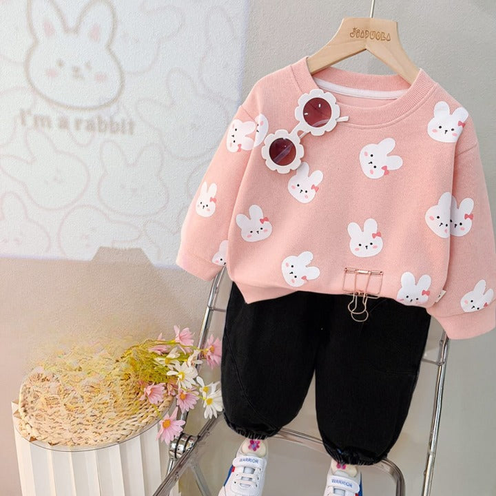 Baby Pink with White Kitty Printed Sweatshirt with Black Trouser For Kids