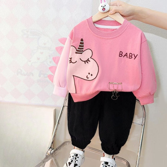 Baby Pink Unicorn Printed Sweatshirt with Black Trouser For Kids