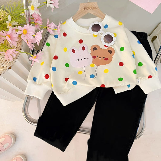 Off White Multi Polka Dot with Bear & Kitty Printed Sweatshirt with Black Trouser For Kids