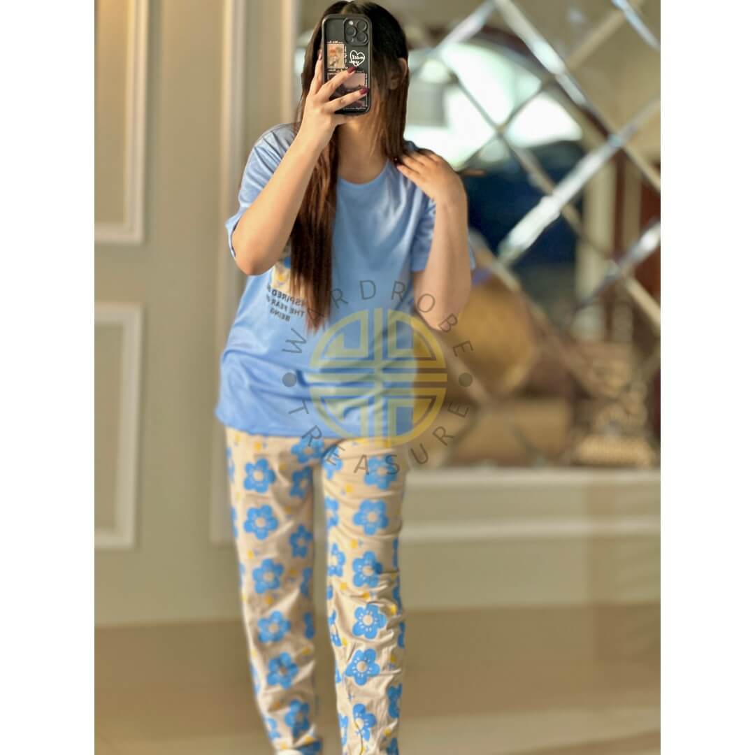 Light Blue Floral Pocket with White Floral Printed PJ Set For Her